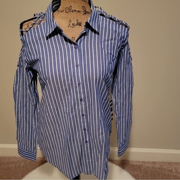 NWOT Hyfve Hyfve Hyfve blue white stripped laced shoulder button down top - Picture 1 of 6